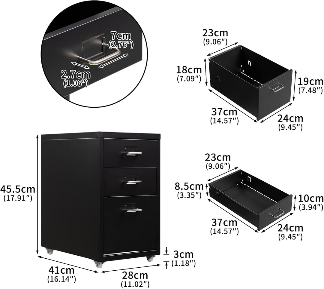 HollyHOME Mobiler Aktenschrank mit 3 Schubladen, rollbarer Aktenordner unter dem Schreibtisch, Aufbe