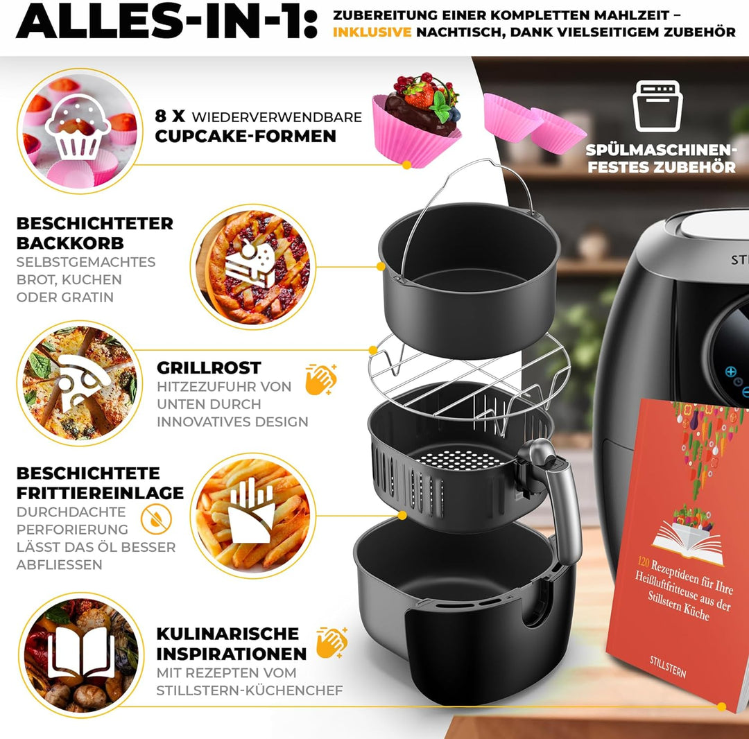 Stillstern Heissluftfritteuse 5L [1800W] mit 7 Programmen (Backen, Pommes, Chicken, Steak UVM.), 120