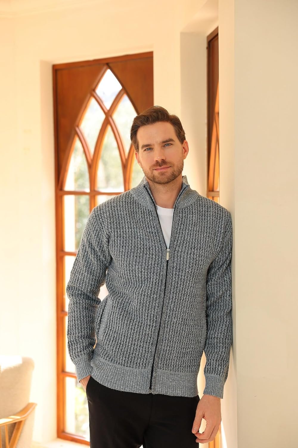 Allthemen Herren Cardigan Grobstrick Reissverschluss Strickjacke mit Stehkragen Winter Pollover Knit