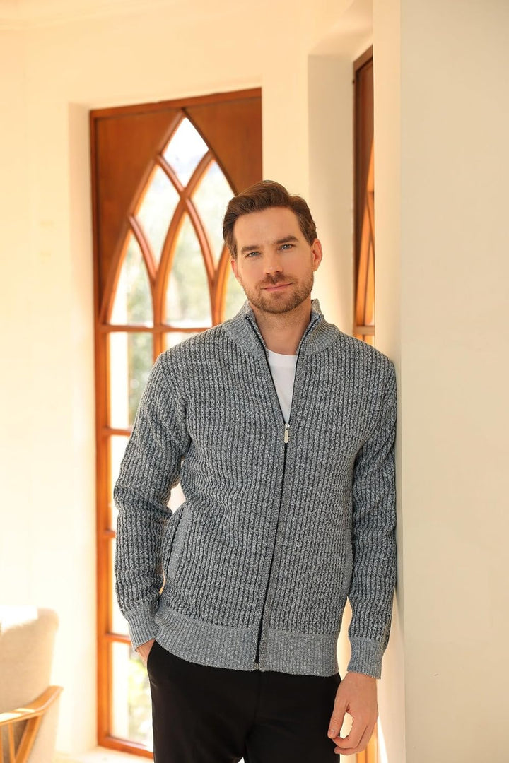 Allthemen Herren Cardigan Grobstrick Reissverschluss Strickjacke mit Stehkragen Winter Pollover Knit