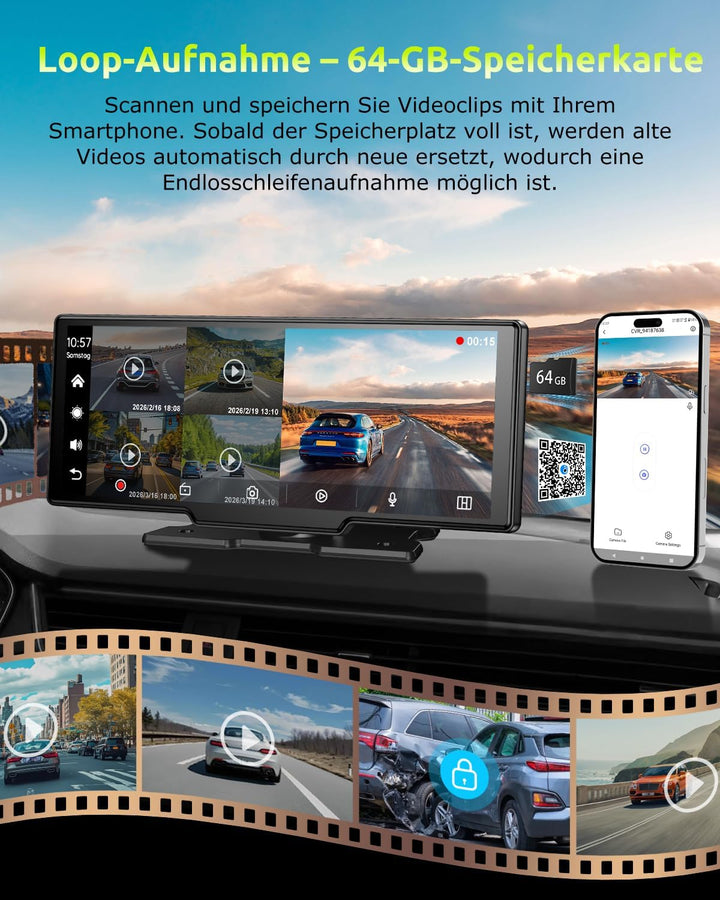 ESSGOO 10.26 Zoll Kabelloses CarPlay Display mit 4K Dashcam 1080P Rückfahrkamera Drahtloser Apple Ca