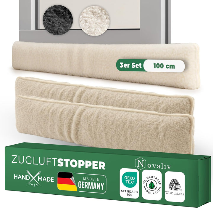 Zugluftstopper für Türen 100cm Natur Schurwolle – stoppt Zugluft & Kälte, dämpft Lärm/Staub/Licht, r