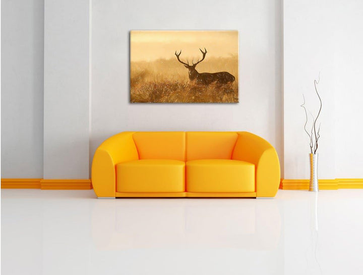 Pixxprint Rotwild Hirsch in Abenddämmerung Kunst Buntstift Effekt, Format: 100x70 auf Leinwand, 100x