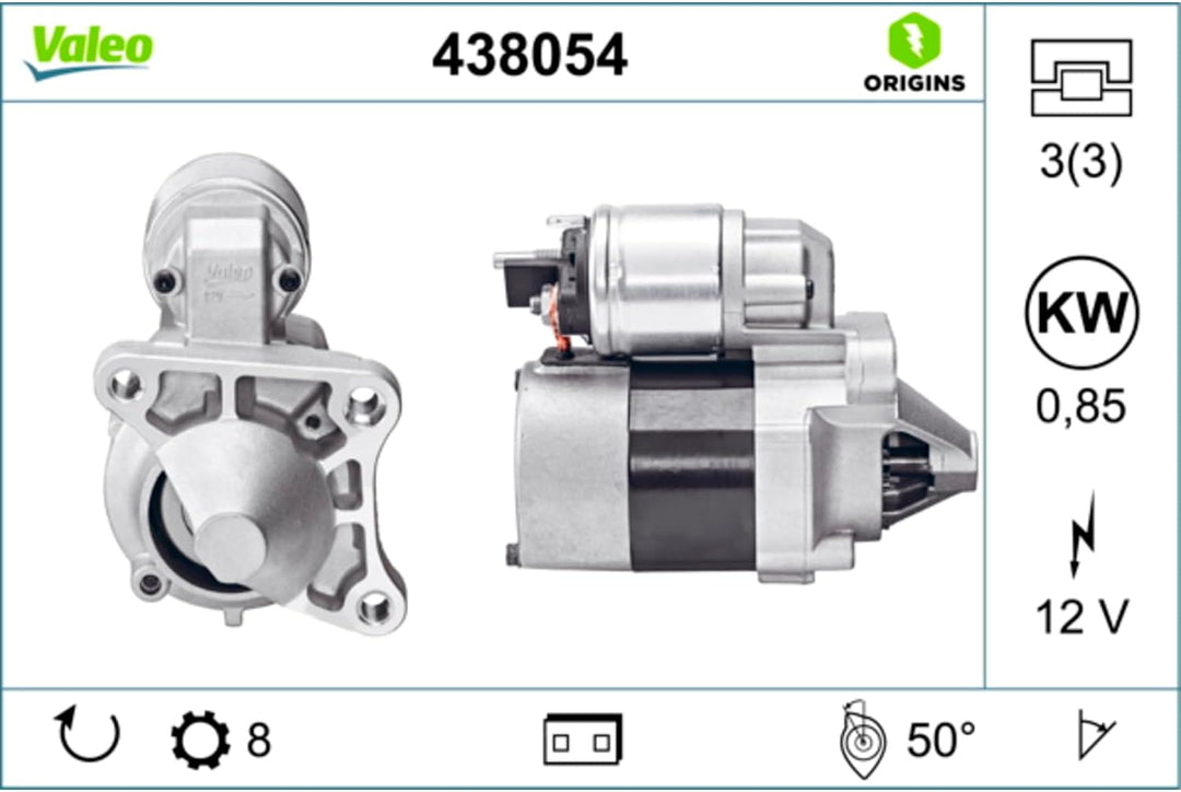 VALEO 438054 Starter Nennleistung: 0,85 kW Stop & Start: NO Zähnezahl: 8 zähne Spannung: 12 V Drehri