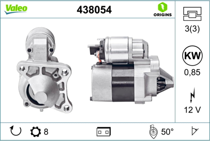 VALEO 438054 Starter Nennleistung: 0,85 kW Stop & Start: NO Zähnezahl: 8 zähne Spannung: 12 V Drehri