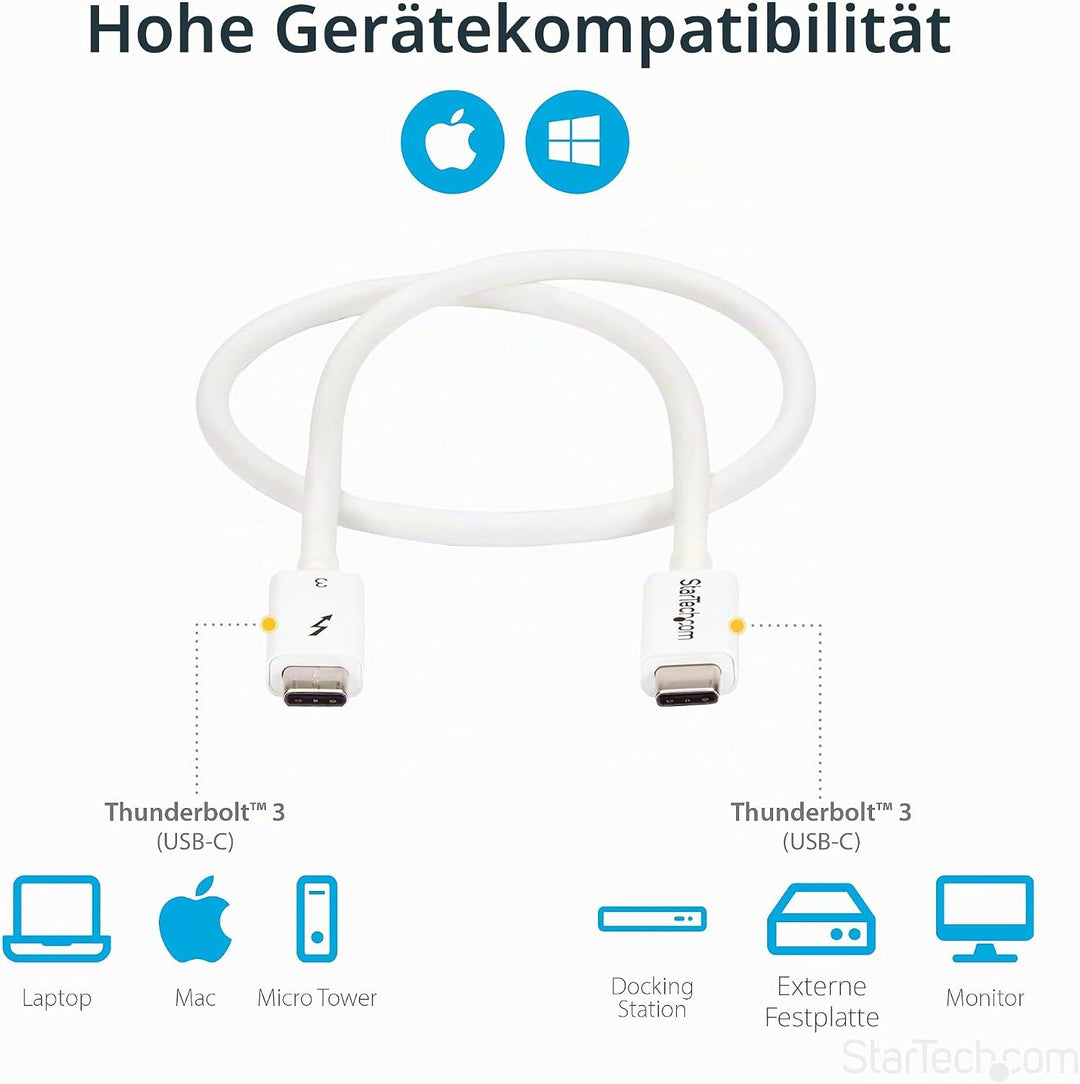StarTech.com 50cm Passives Thunderbolt 3 Kabel, 40Gbps, 100W PD, 4K/5K Video, Thunderbolt Kabel, Kom