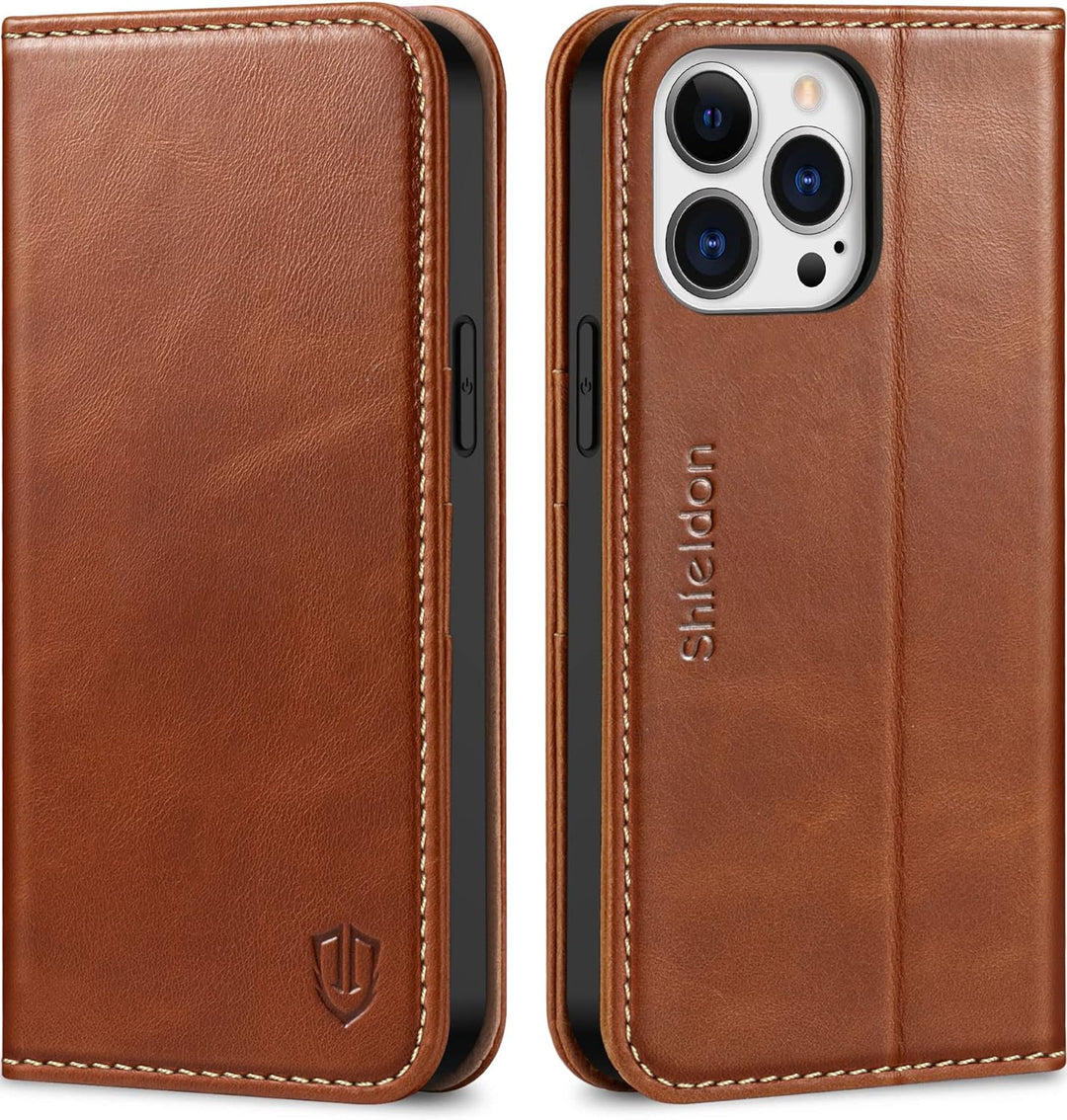 SHIELDON Hülle für iPhone 13 Pro Max Handyhülle TPU [Echtleder] [Kartenfach] [Magnet] [Standfunktion