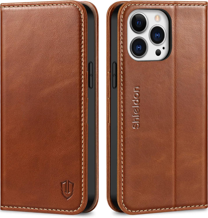 SHIELDON Hülle für iPhone 13 Pro Max Handyhülle TPU [Echtleder] [Kartenfach] [Magnet] [Standfunktion
