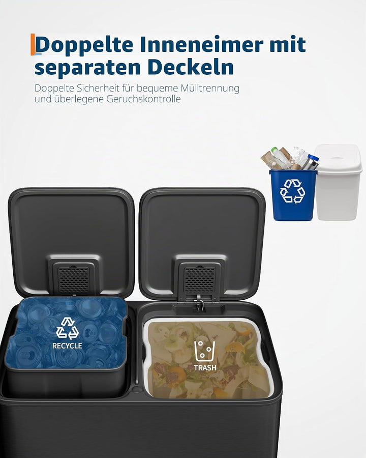GarveeHome Mülleimer Küche, 2 x 40 L, Mülltrennsystem 2 Fächer, Metall-Tretmülleimer mit Seitlichem