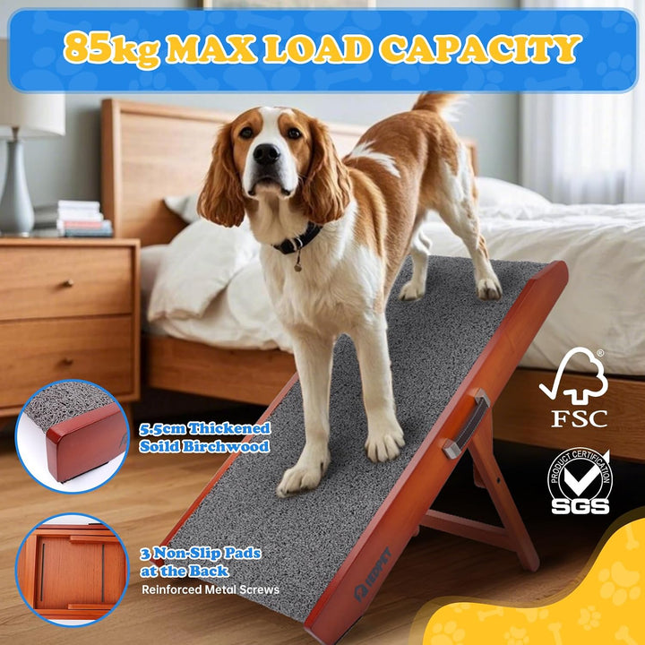 Hunderampe Hundetreppe für Hunde - Einstellbar 34-61,5 cm Spülschutz-Design Birkenholz Rampe Hund Kl