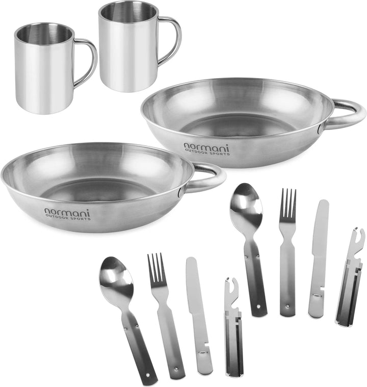 Camping Edelstahl Geschirrset 2X Besteckset + 2X Teller + 2X Tasse Silber mit Griff 23 cm, Silber mi