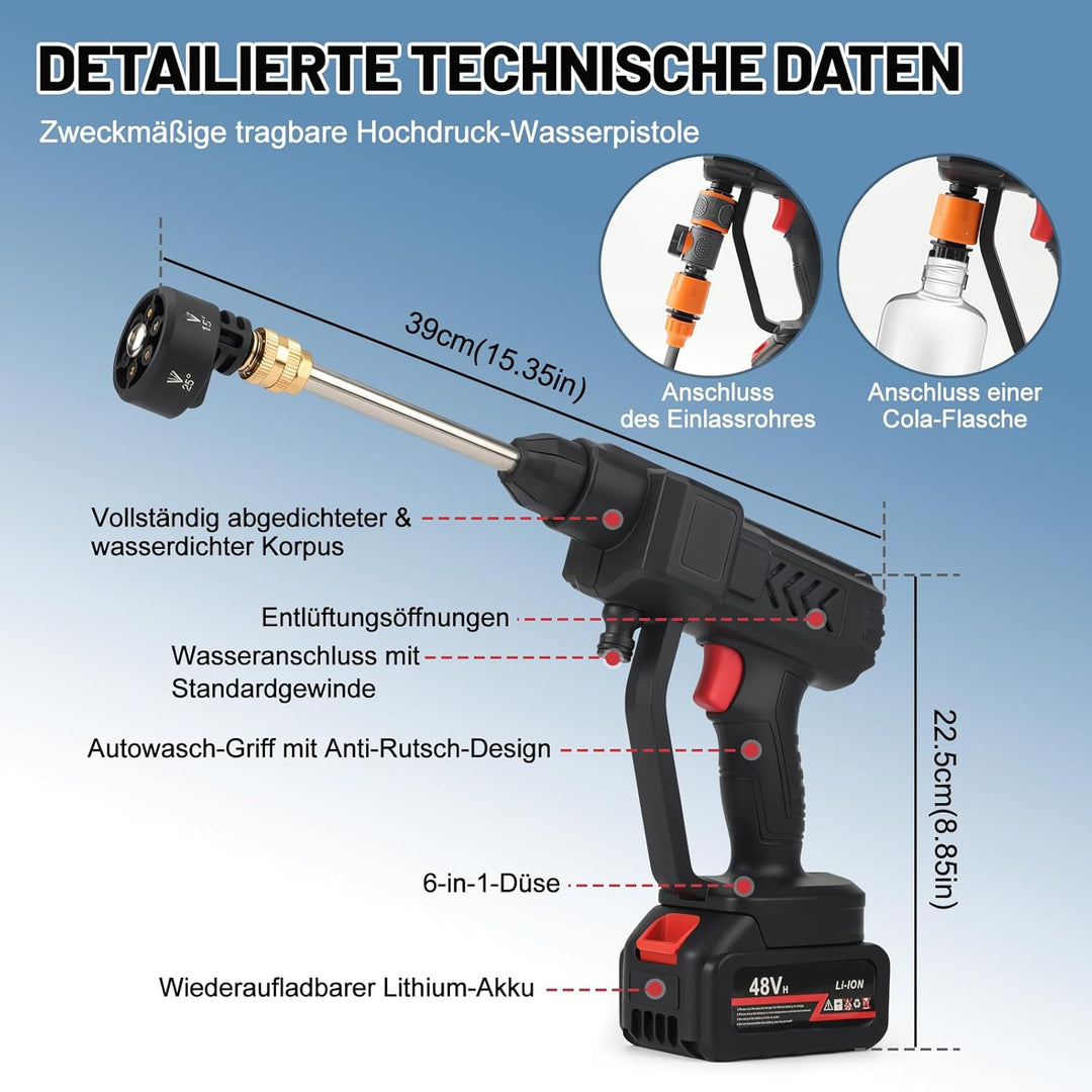 48V Tragbarer Hochdruckreiniger, 140W Leistung mit 6-in-1 Düse, 5m Hochdruckschlauch, Universal-Wass