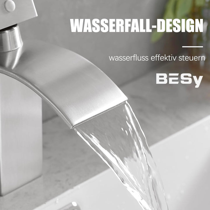 BESy Wasserfall Auslauf Badezimmer Waschtischarmatur, Einhebel-Waschtischmischbatterie, RV Waschbeck