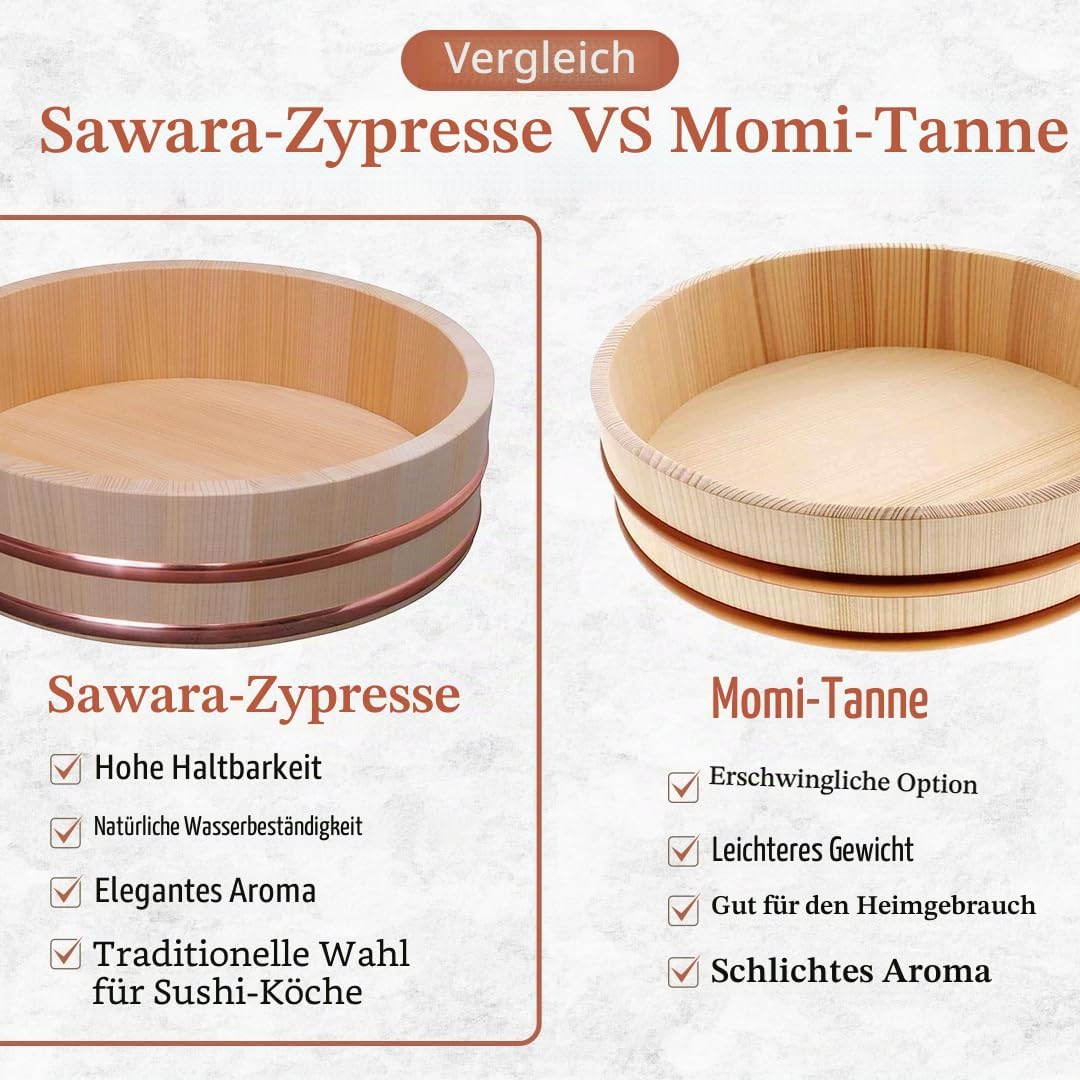 TIKUSAN Hangiri Sushi-Reis-Mischwanne aus Holz, Kupferband, hergestellt in Japan, aus Sawara-Zypress