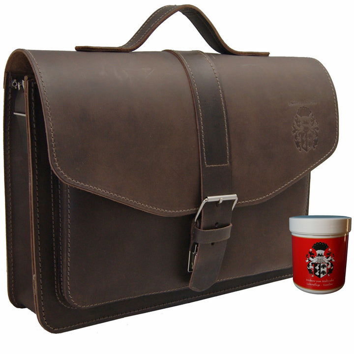Freiherr von Maltzahn A4 Aktentasche Hubble, 38 cm, braun, Bio-Leder, Made in Germany + Lederpflege