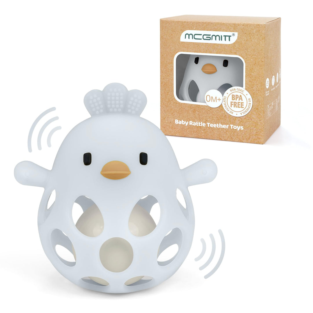 MCGMITT Baby Greifball Beissring aus BPA-freiem Silikon – Hühnchen-Rasselspielzeug Sensorik Motorik