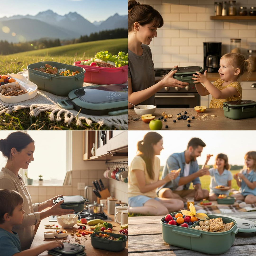 Premium Lunchbox für Kinder 1200ml mit 2 Etagen & 6 Fächern Grün (BPA-frei) - Brotdose & Snackbox mi