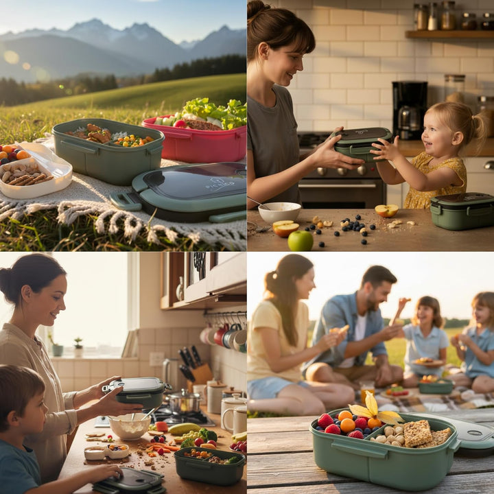 Premium Lunchbox für Kinder 1200ml mit 2 Etagen & 6 Fächern Grün (BPA-frei) - Brotdose & Snackbox mi