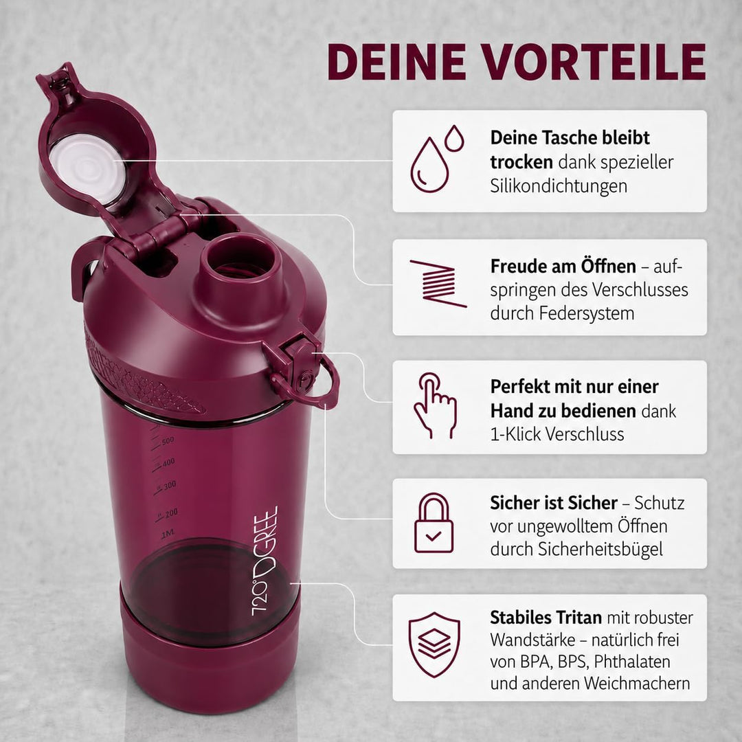 720°DGREE Protein Shaker mit Pulverfach 550ml “uberShaker“ – Auslaufsicher, BPA-Frei, Skala, Spiralm