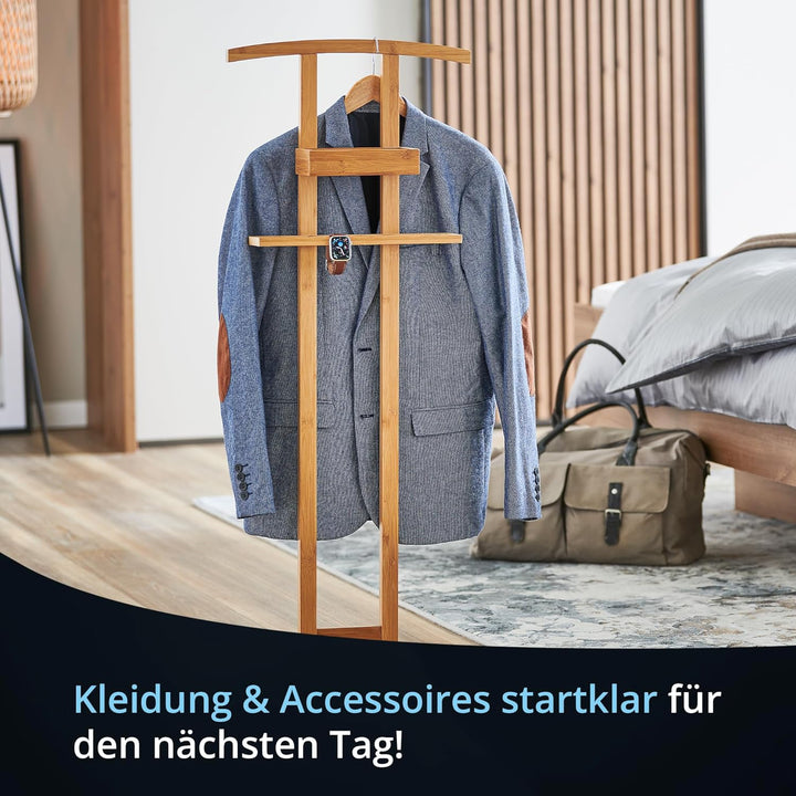 KHG Herrendiener aus Bambus Echtholz für Kleidung, Sackohalter mit Hosenbügel sowie Accessoire-Fach,