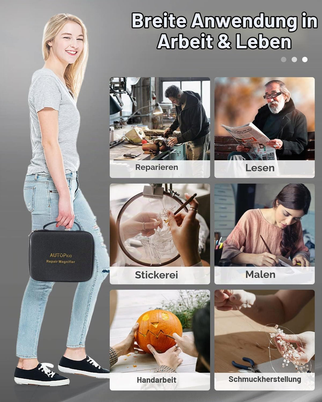 AUTOPkio Lupenbrille mit Licht Aufbewahrungstasche, USB Wiederaufladbar Kopflupe Stirnbandlupe Lupe