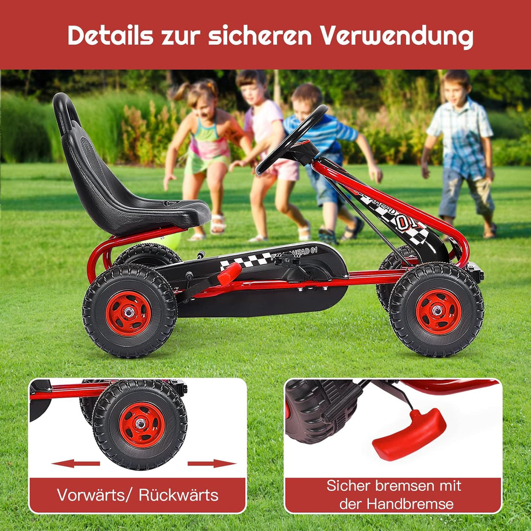 DREAMADE Gokart mit Handbremse & verstellbarem Sitz, Tretauto Tretfahrzeug mit geschlossenem Kettenk