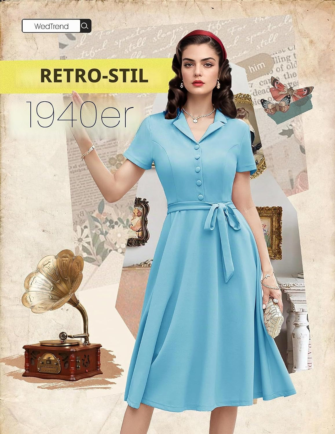 Wedtrend Vintage Cocktailkleid Damen A Linie Midilang V-Ausschnitt Abendkleid Elegant Freizeitkleide