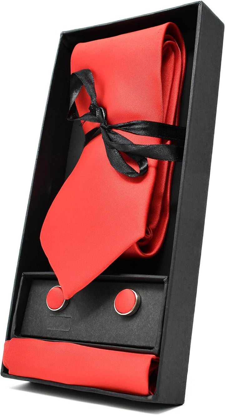 Sweet Leaf Krawatte Set mit Rot Satin Krawatte, Einstecktuch und Manschettenknöpfe für Herren - 100%