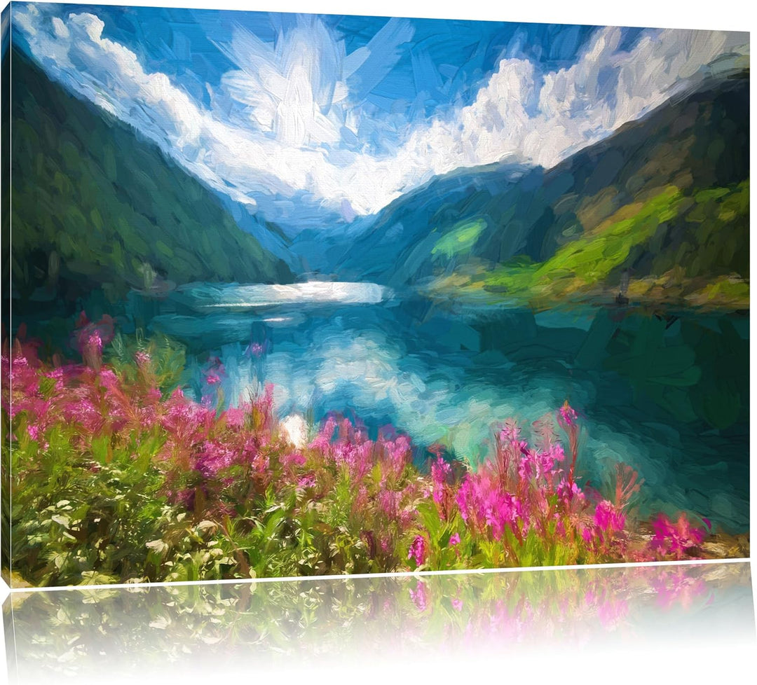 Pixxprint Blumenwiese See als Leinwandbild/Grösse: 100x70 cm/Wandbild/Kunstdruck/fertig bespannt, 10