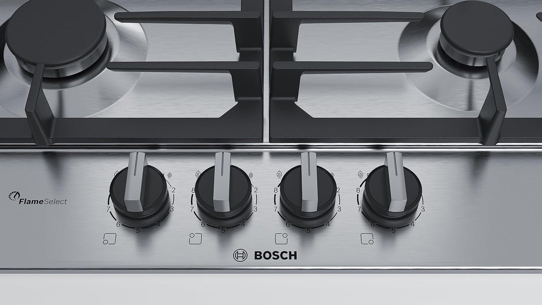 Bosch PCP6A5B90 autarkes Einbaukochfeld, Gas-Kochfeld Edelstahl 60 cm mit Drehreglern