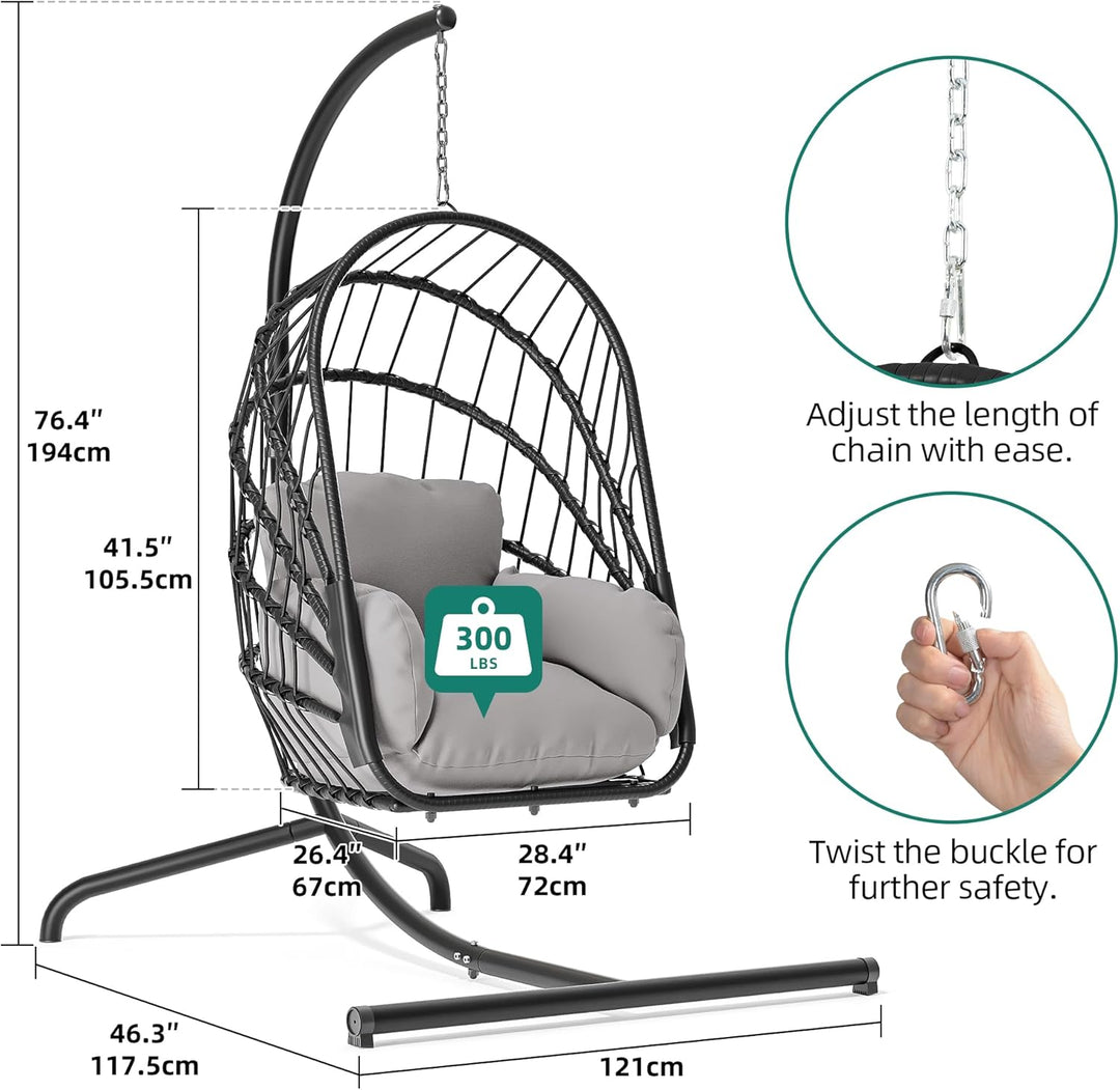 YITAHOME Hängesessel mit Kissen, Max. Belastung 150kg, Hängestuhl Outdoor mit Gestell Körbe 195x120x