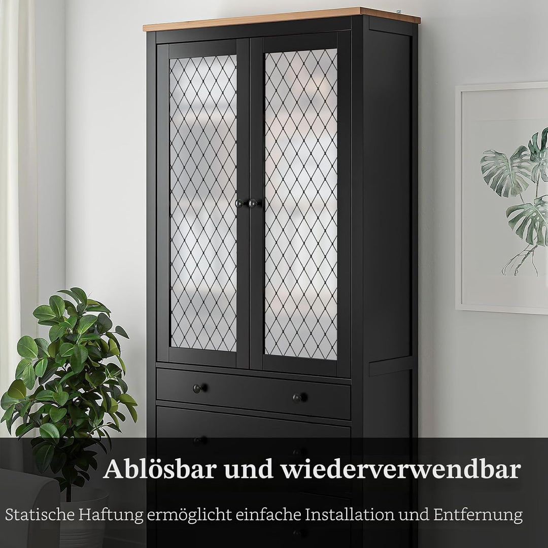 FEOMOS Fensterfolie Schwarze Gitter, Milchglasfolie Statisch Haftend Fensterfolie, Blickschutzfolie