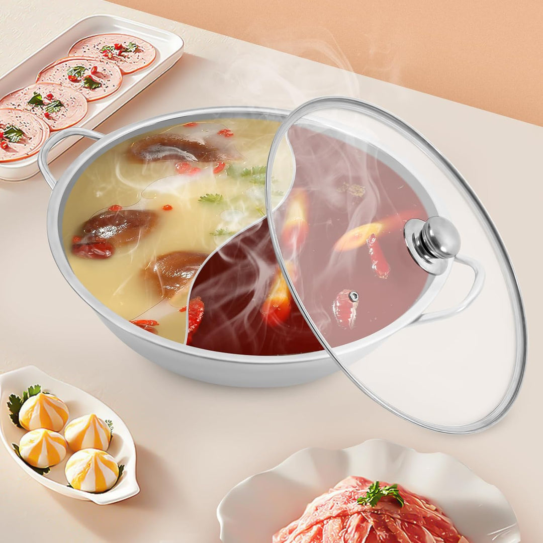 Hot pot Topf Suppe 34cm/28cm Kochgeschirr Rund Kochtopf aus Edelstahl mit Trennwand und sichtbaren D