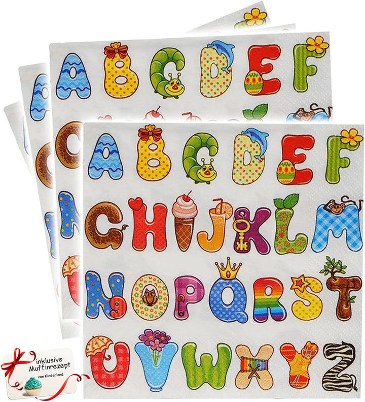 60 Stück Servietten - ABC/Alphabet - Buchstaben - zum Schulanfang/Geburtstag - Kindergeburtstag & Sc