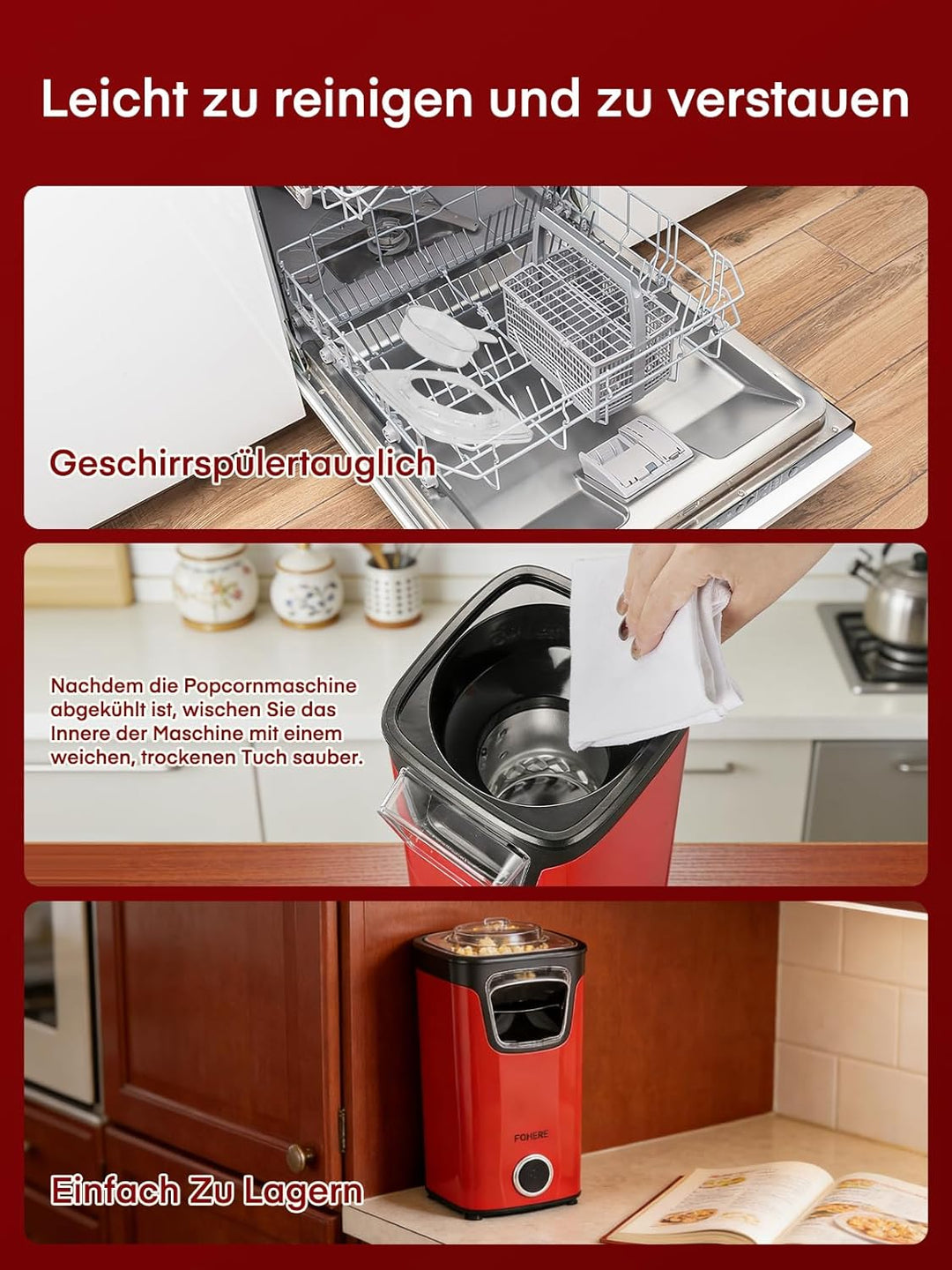 FOHERE Heissluft Popcornmaschine, 1100W Popcorn Maker Maschine, Mit Messbecher, Transparente Abdecku