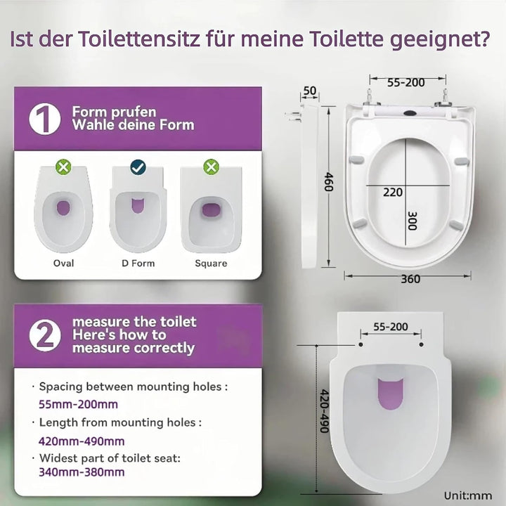 Toilettendeckel mit Absenkautomatik, WC Sitz D Form，Quick-Release Funktion für einfach Reinigung, We
