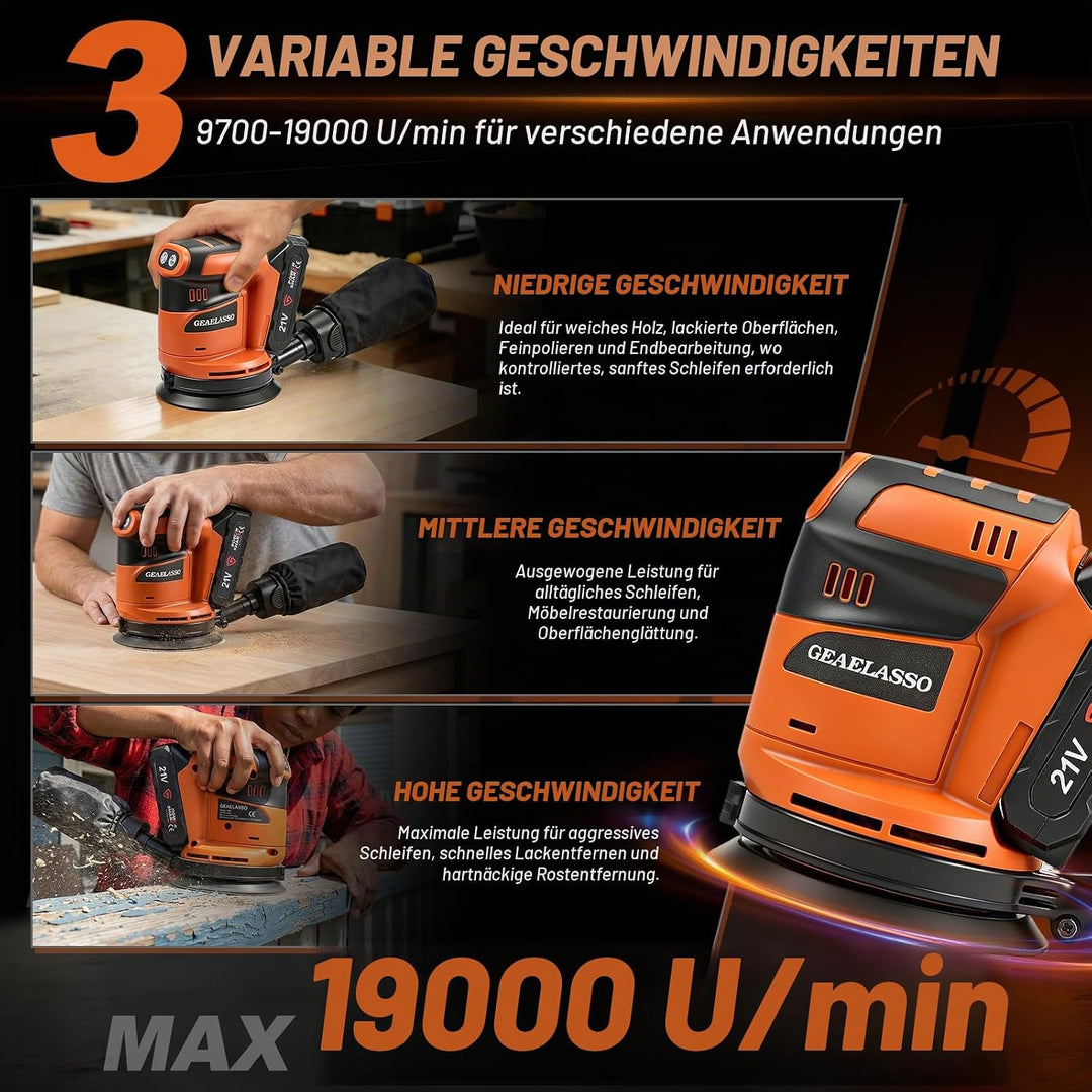 Akku-Exzenterschleifer 125 mm 2x 20V Akku, Bürstenloser Exzenterschleifer mit 3 Stufen 8000–13000 U/