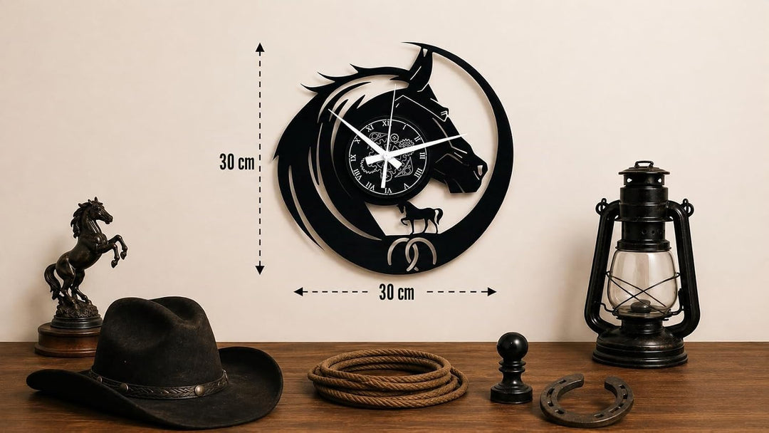 Instant Karma Clocks Wanduhr aus Vinyl Pferd Reiten Hufeisen