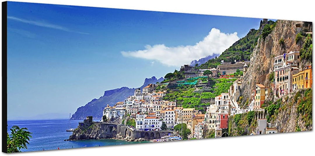 Paul Sinus Art Panoramabild auf Leinwand und Keilrahmen 150x50cm Italien Amalfi Meeresstadt Berge Me