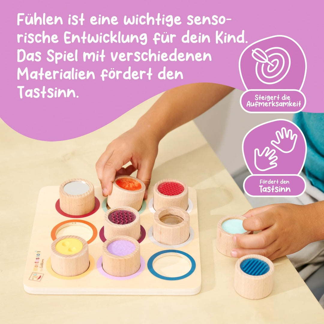 Eichhorn – Montessori – Fühlbrett mit 9 Fühlzylindern mit verschiedenen Oberflächen und Materialien,