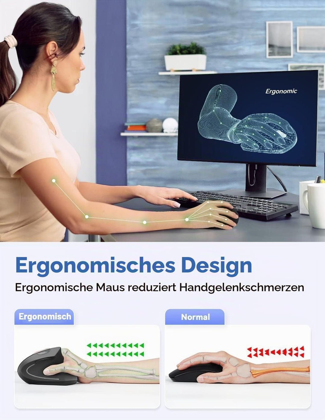 TECKNET Wireless Vertikale Ergonomische Maus 4800 DPI Schwarz, 4800 DPI Schwarz