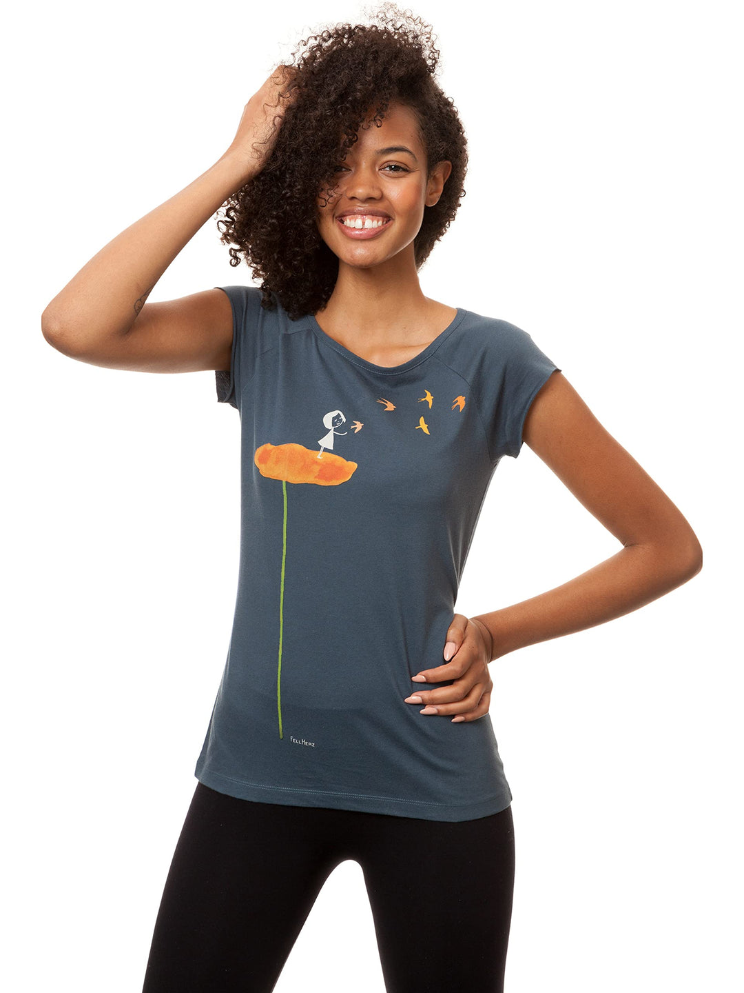 FellHerz Damen T-Shirt Schwalbenzug Blau-Grau Bio Fair und Vegan S Blau, S Blau