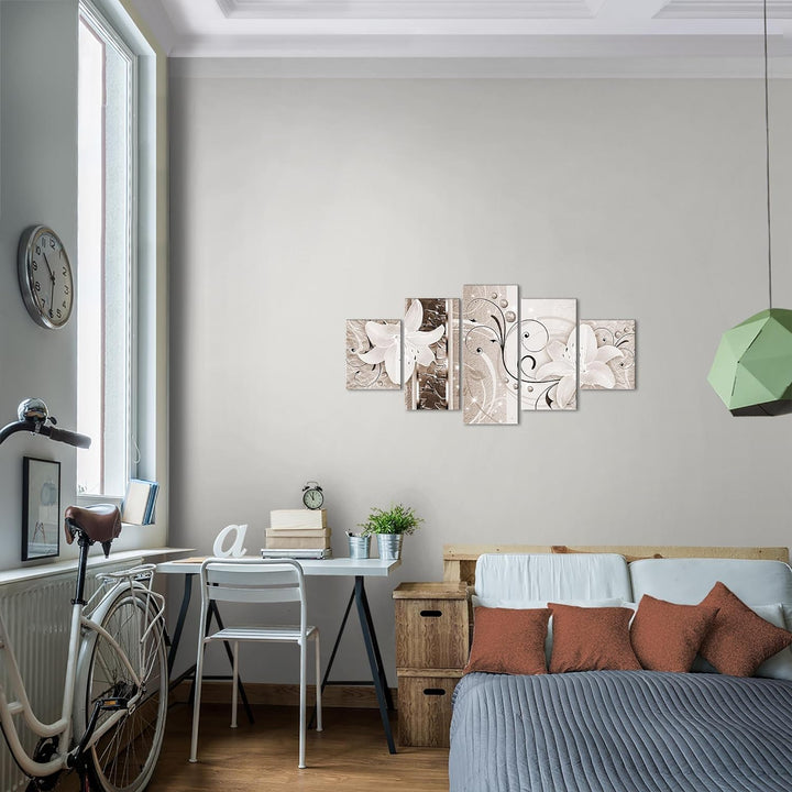 Runa Art Wandbilder Blumen Lilien 5 Teilig Bild auf Vlies Leinwand Deko Wohnzimmer Abstrakt Biege Br