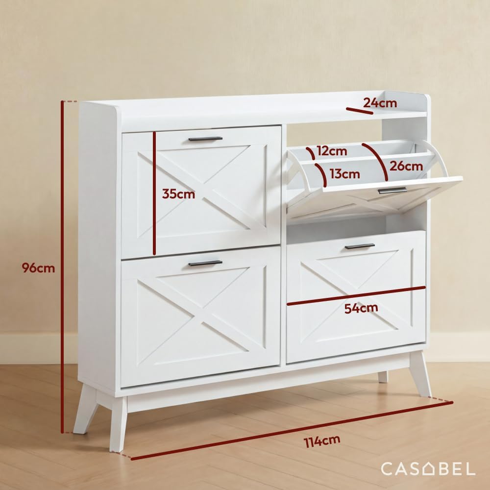 CASABEL Schuhschrank mit 4 Klappen, Fronten mit Kreuzmuster, Weiss, Funktionales Design, Grosse Kapa