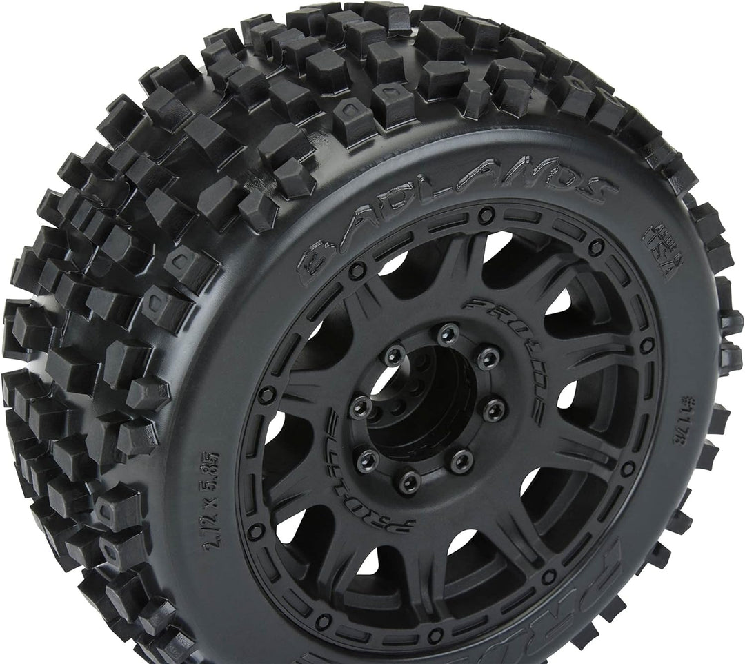 1/8 Badlands F/R 3.8" MT Tires Mounted 17mm Black Raid (2)