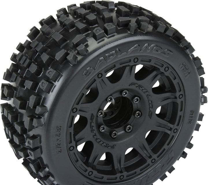 1/8 Badlands F/R 3.8" MT Tires Mounted 17mm Black Raid (2)