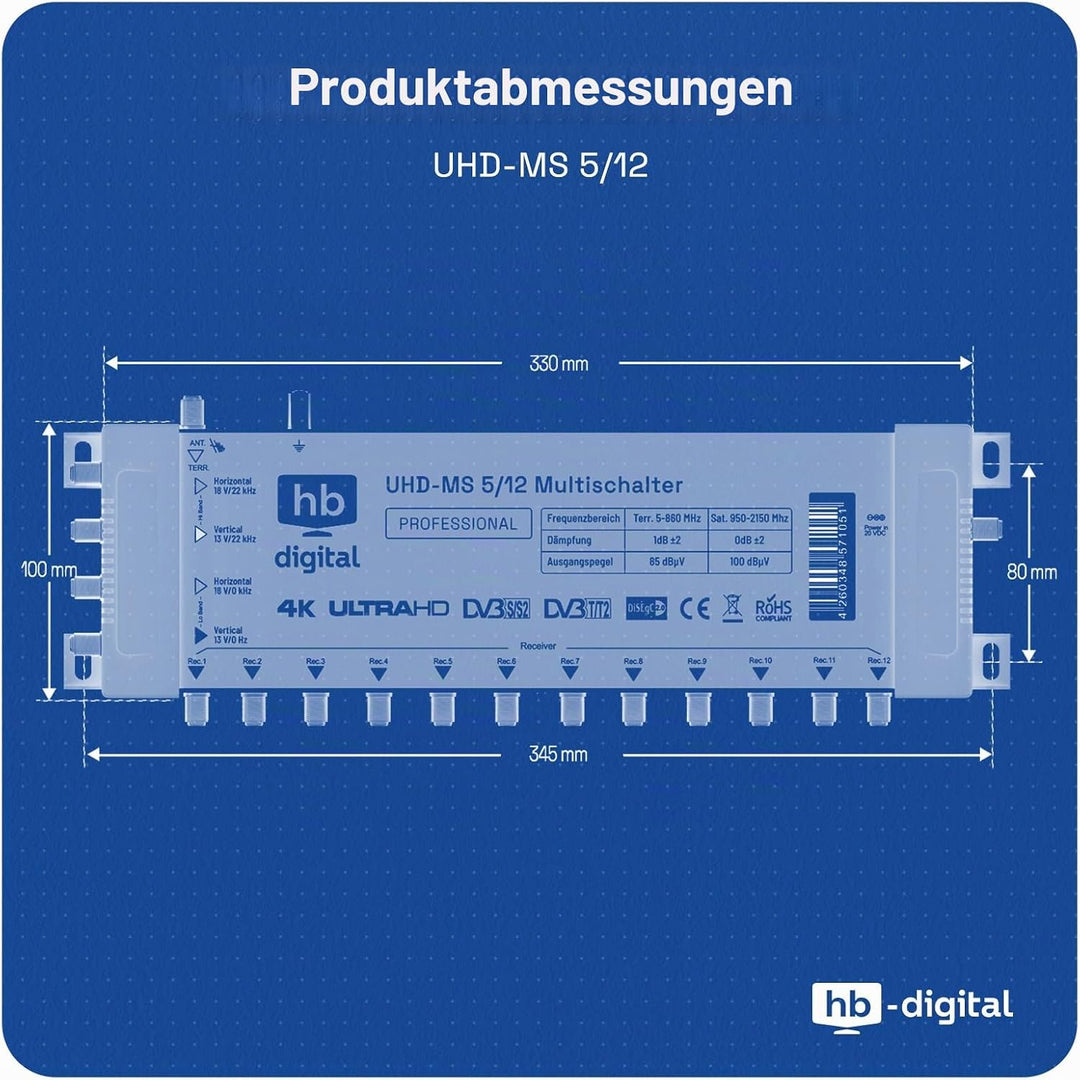Multischalter pmse 5/12 HB-DIGITAL 1x SAT bis 12 x Teilnehmer/Receiver für Full HDTV 3D 4K UHD mit N