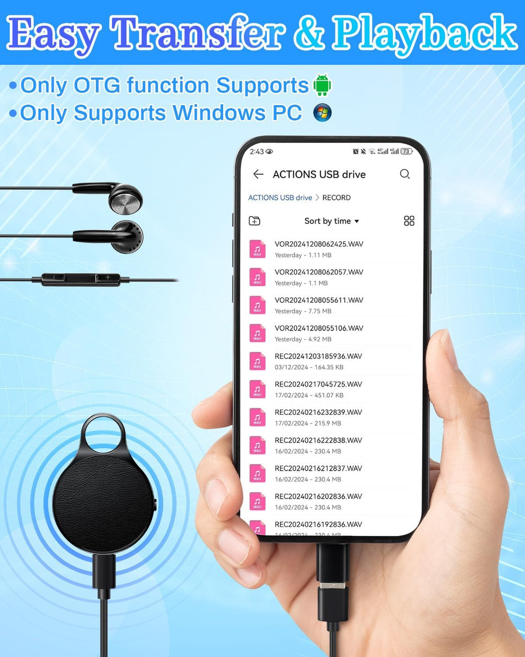 32GB Diktiergerät Mini, Voice Recorder Mini mit Schlüsselanhänger, 1536kpbs Aufnahmegerät mit Rausch