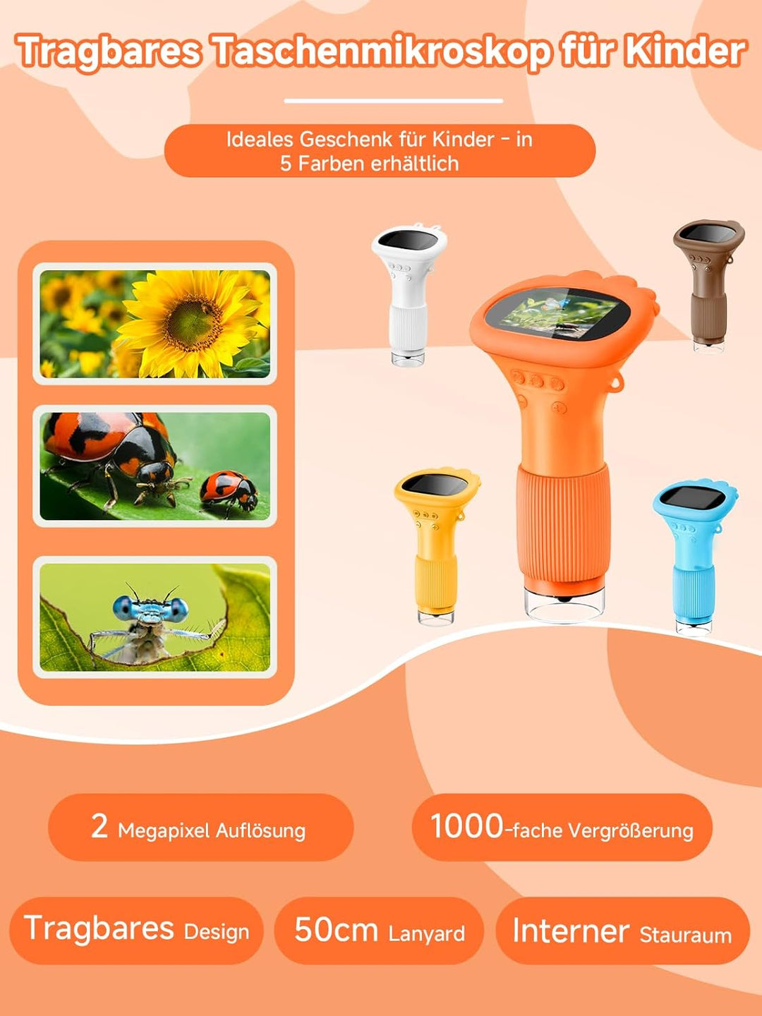 Mikroskop für Kinder, Digitales Mikroskop mit 2,0" IPS-Bildschirm Lupe 200x Vergrösserung, 8 LED Lig