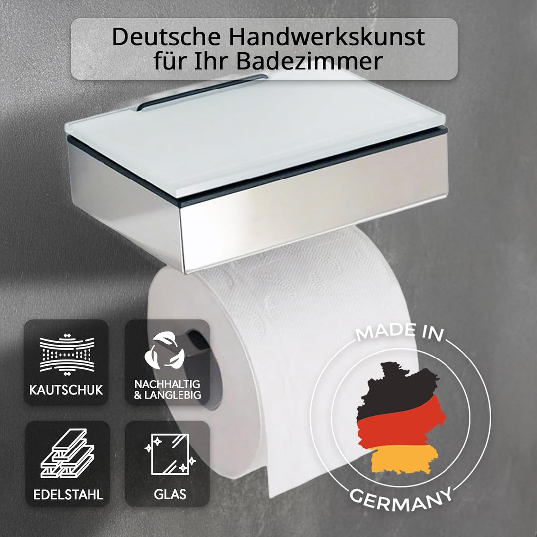 Toilettenpapierhalter mit Feuchttücherbox - Gehäuse Poliert & Abdeckung Glas Weiss - befüllbar von L